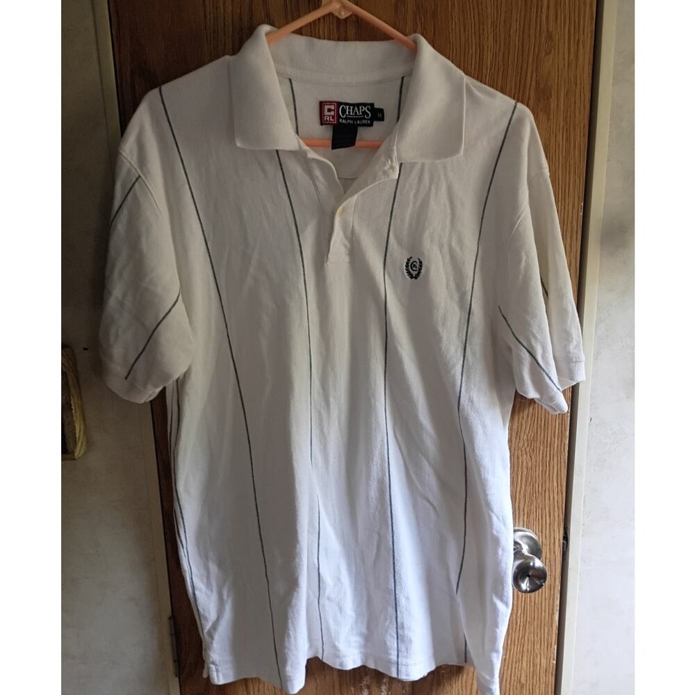 Vintage Chaps Ralph Lauren White Striped Polo Shirt M Cotton Crest Preppy Golf